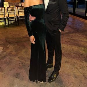 Emerald green velvet off the shoulder long sleeve gown